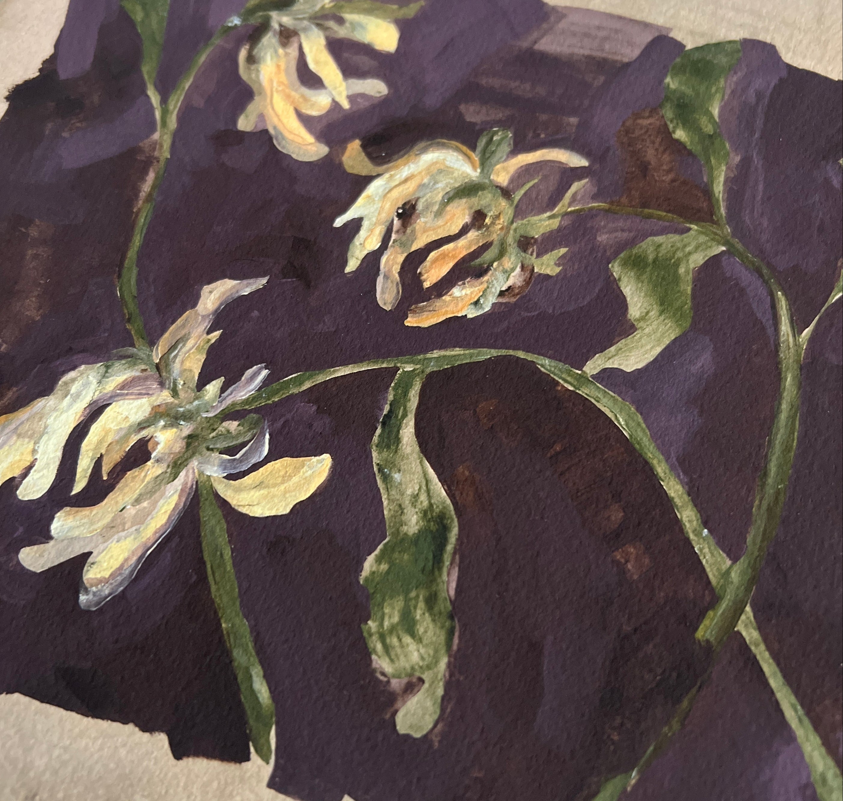 Artistic depiction of flowers on a textured surface with a light blue background